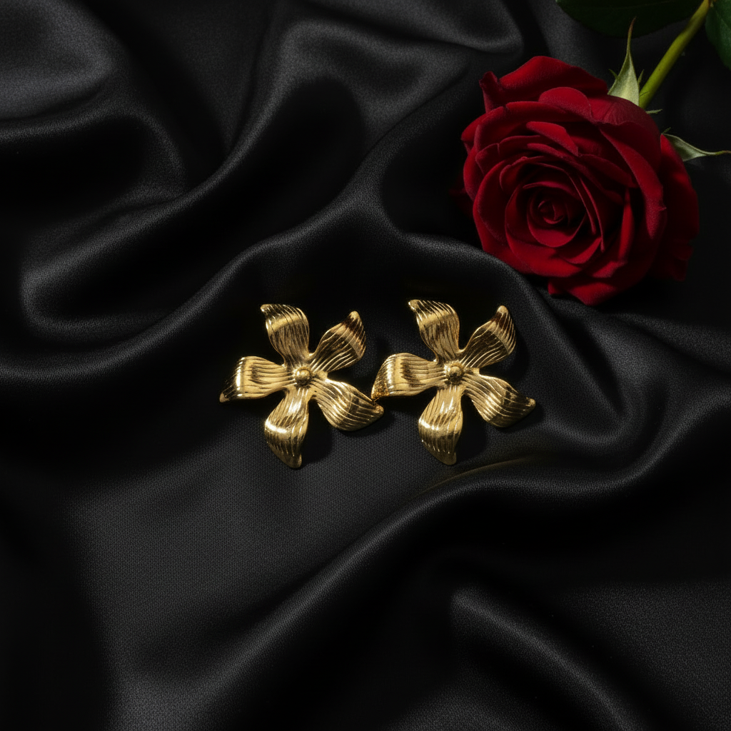 Gold Flower Earrings - Black Satin No Bottle