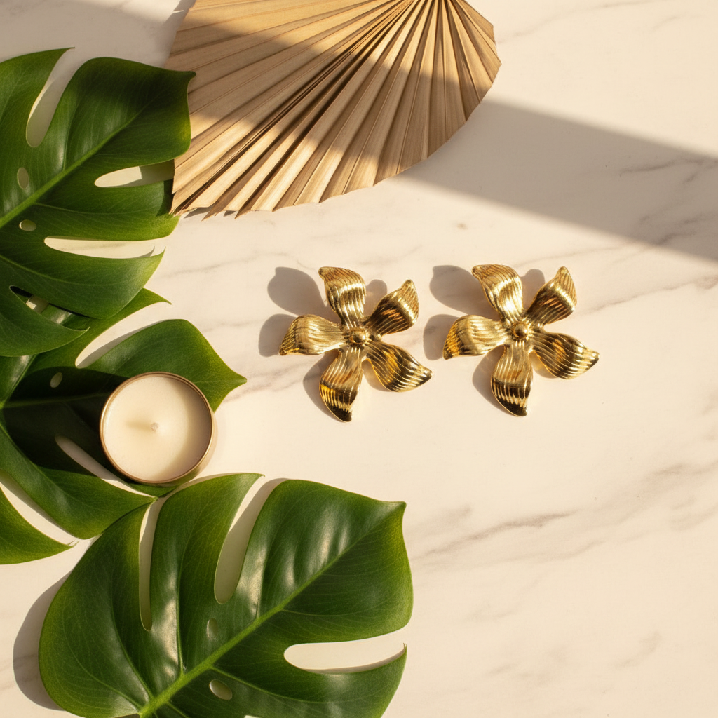 Gold Flower Earrings - Marble Tropical