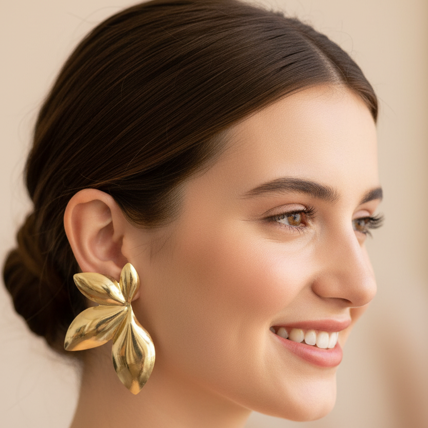Gold Flower Earrings - Model Shot