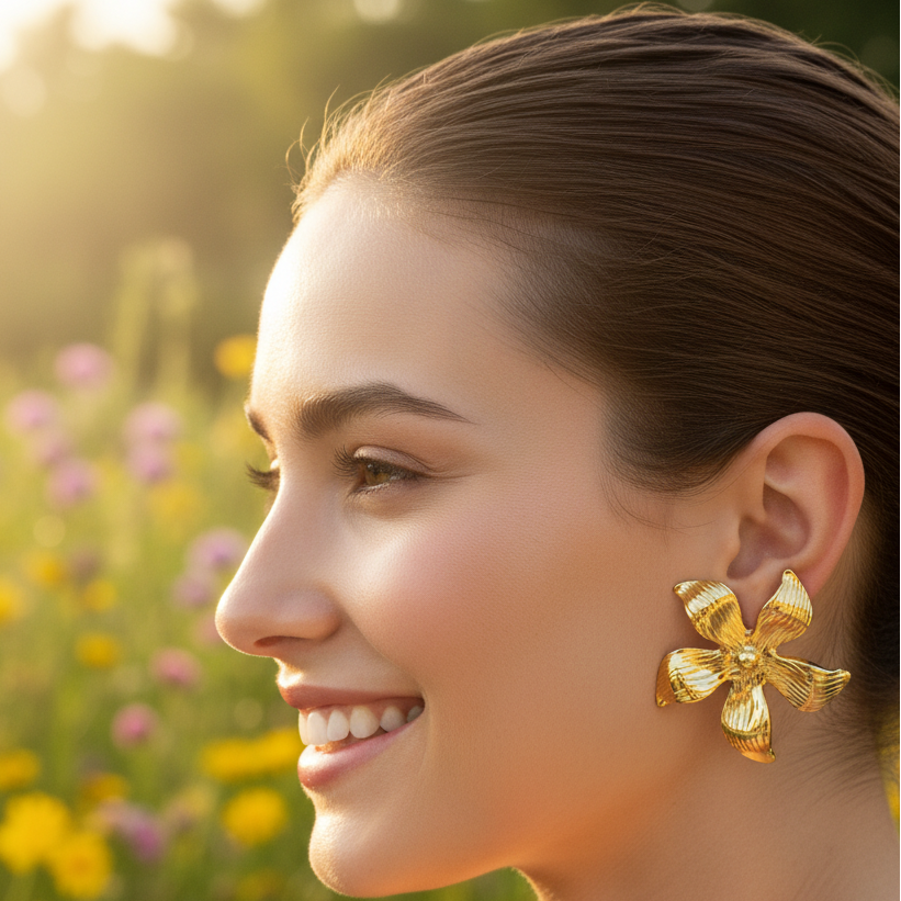 Gold Flower Earrings - Model Side Profile Outdoor