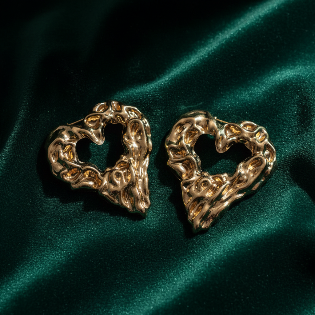 Gold heart earrings on emerald velvet