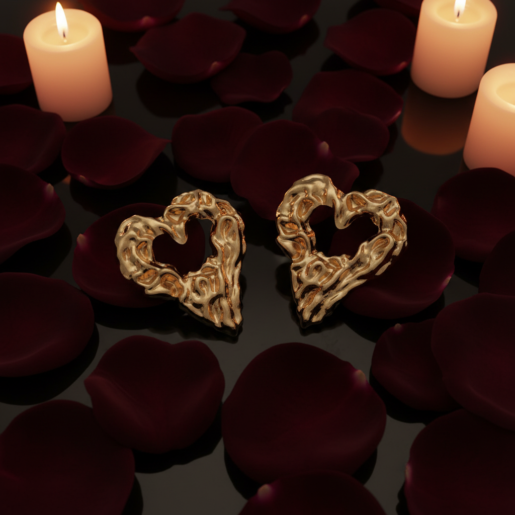 Gold heart earrings on rose petals