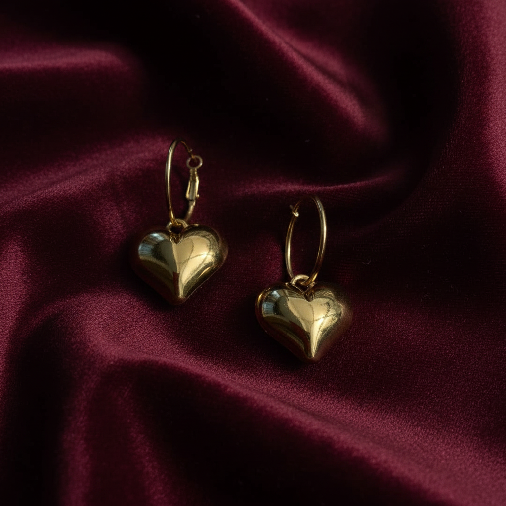 Gold Heart Hoop Earrings – Burgundy Velvet