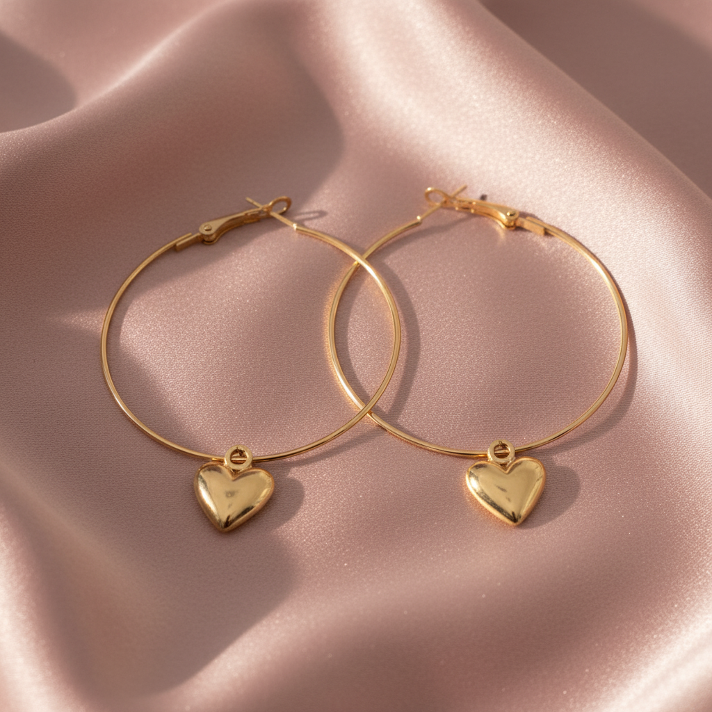 Gold Hoop Heart Charm Earrings – Blush Pink Silk
