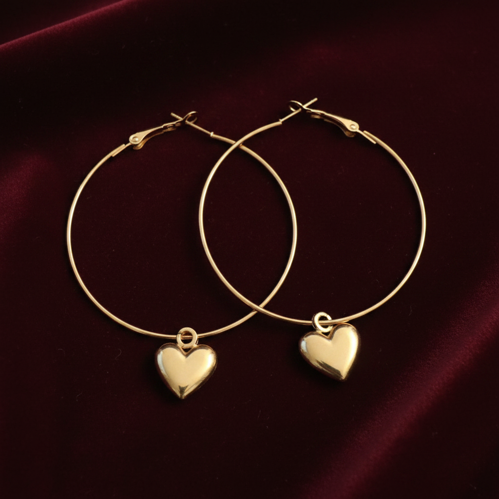 Gold Hoop Heart Charm Earrings – Burgundy Velvet