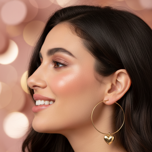 Gold Hoop Heart Charm Earrings – Model Shot Mid Size