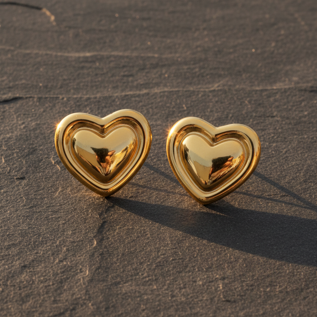 Gold puffy heart studs on slate stone
