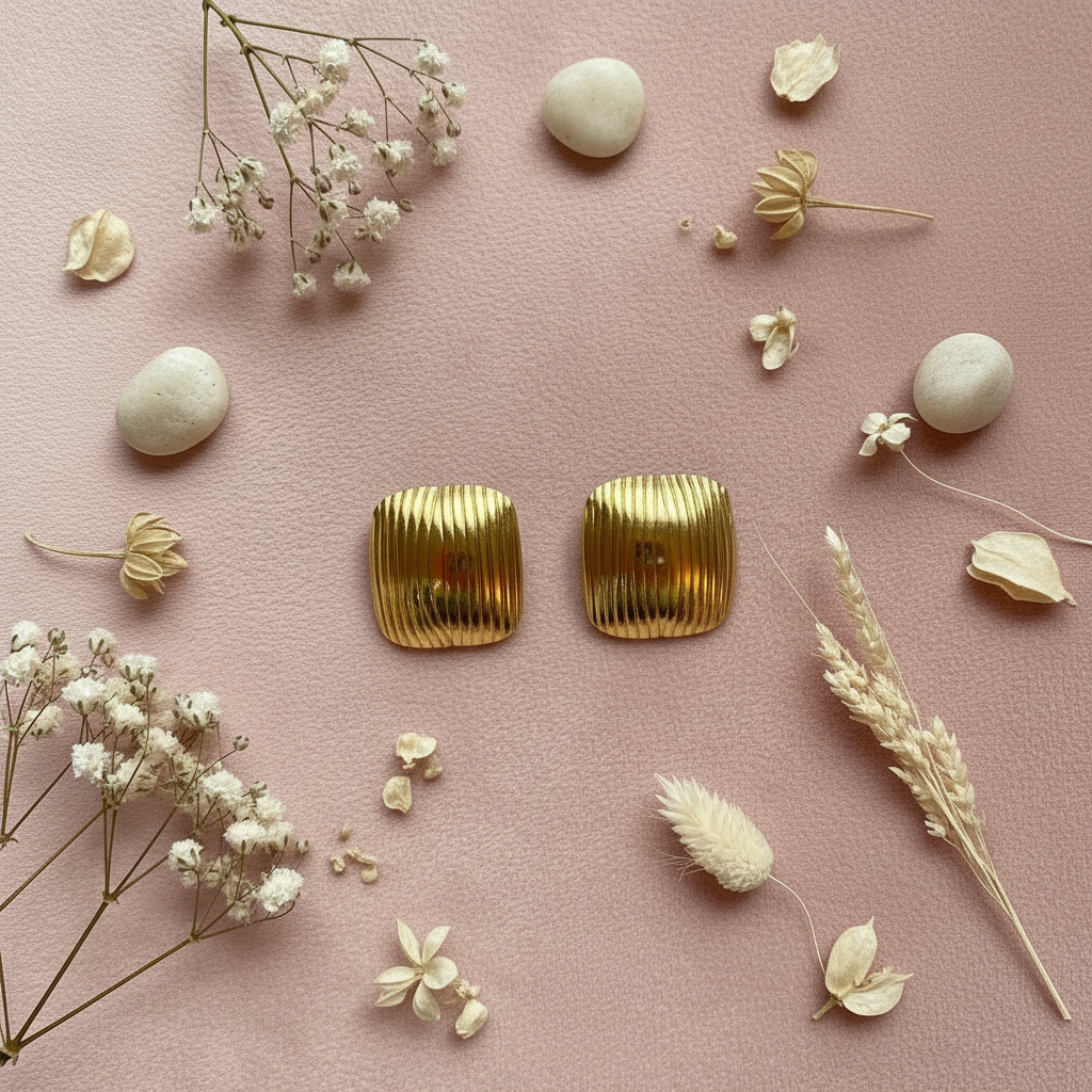 Gold Ribbed Square Earrings - Fewer Stones