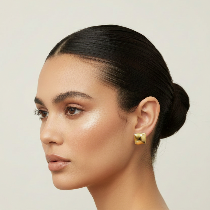 Gold Ribbed Square Earrings - Model Shot Resized