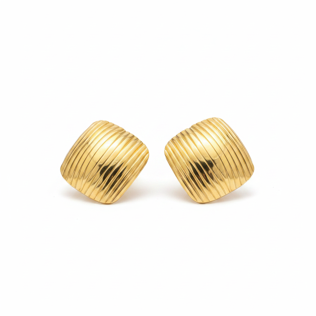 Gold Ribbed Square Earrings - White Background