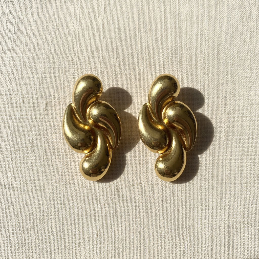 Gold swirl earrings on cream linen
