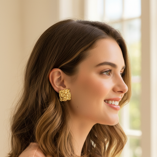 Gold Swirl Square Studs – Casual Daytime Model Shot