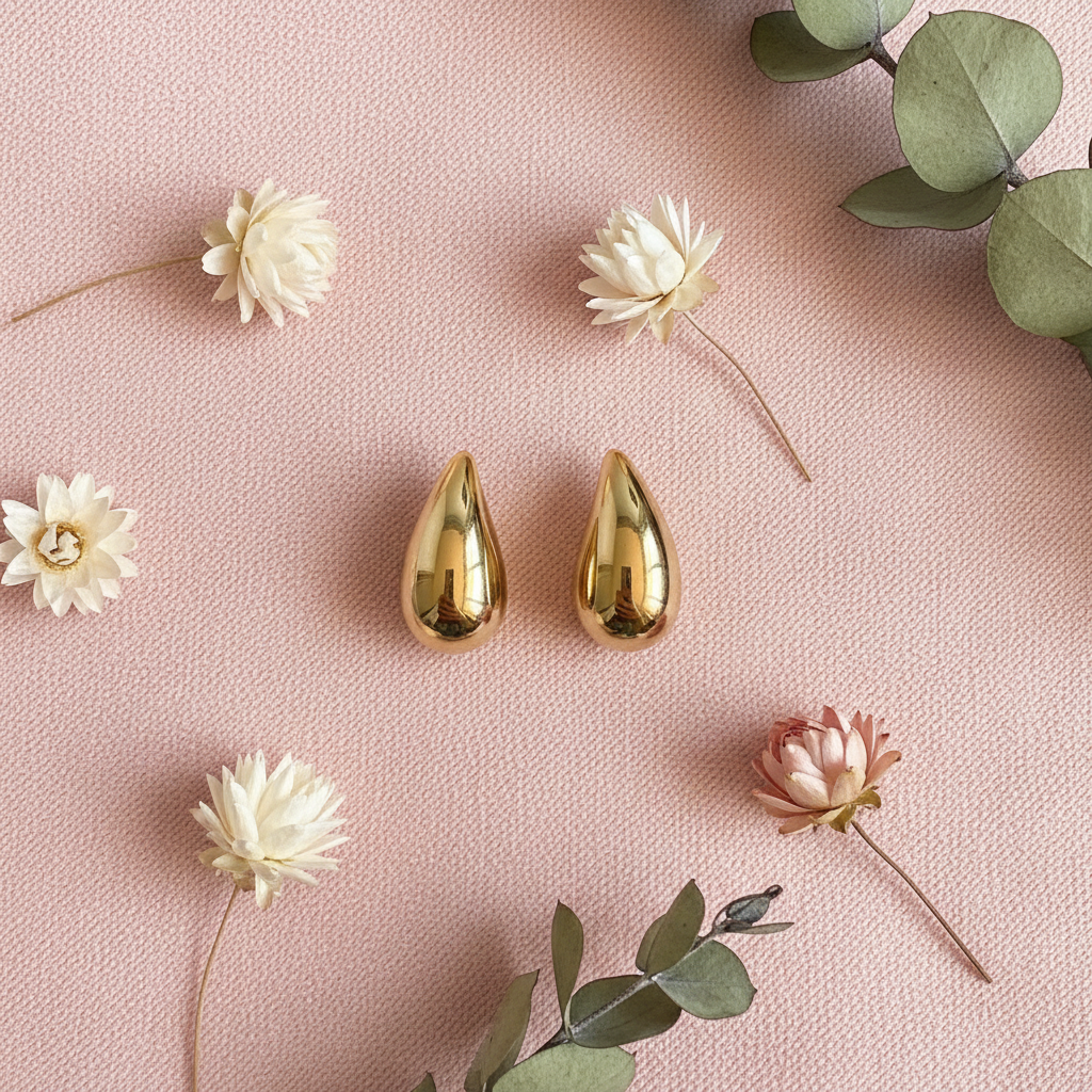 Gold Teardrop Earrings - Pink Flat Lay