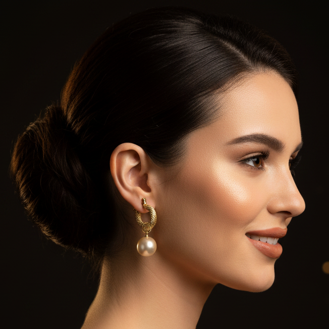Gold Twisted Rope Hoop Pearl Drop – Glamorous Model Shot Small