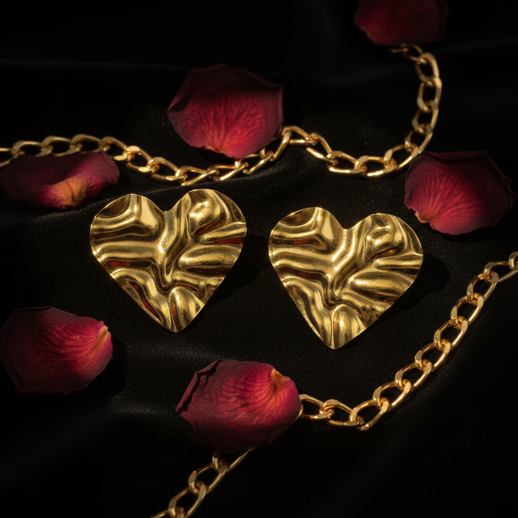 Hammered Gold Heart Studs – Black Velvet Glamour