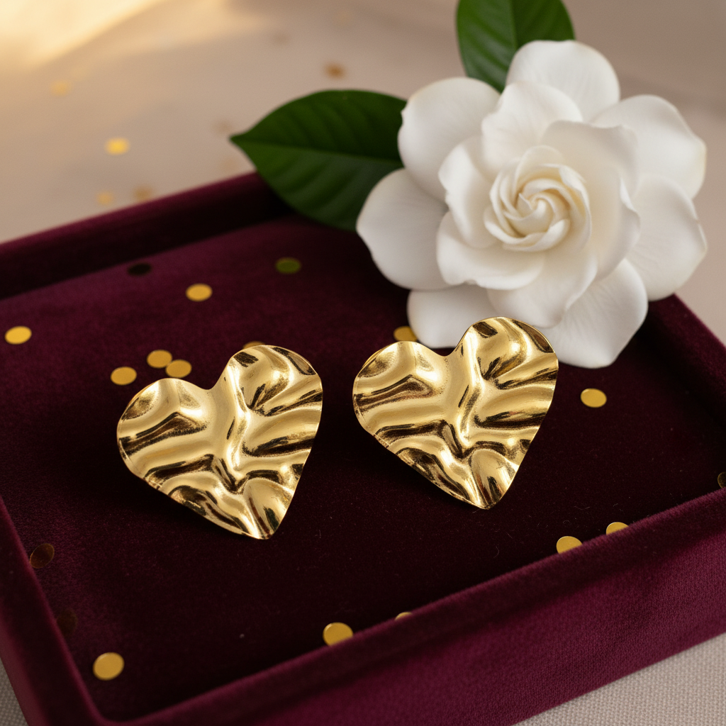 Hammered Gold Heart Studs – Burgundy Velvet Glamour