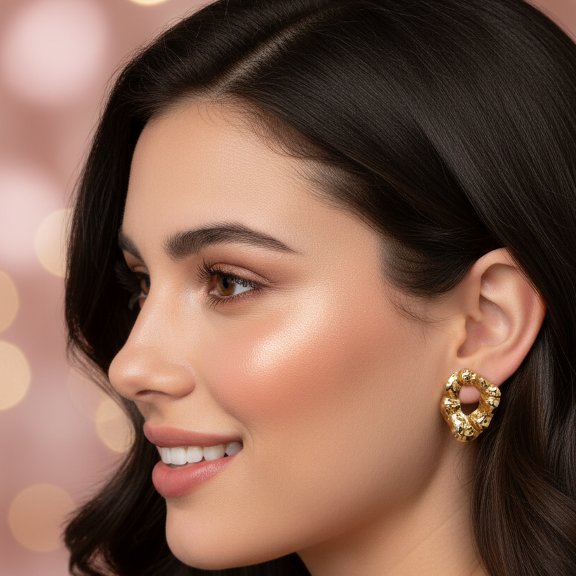 Hammered Gold Heart Studs – Realistic Stud Size Model Shot