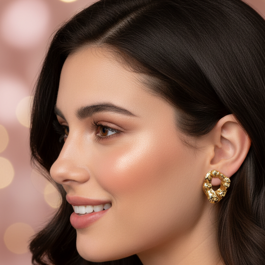 Hammered Gold Heart Studs – Realistic Stud Size Model Shot