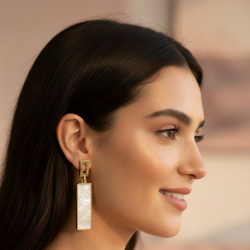 Mother of Pearl Gold Rectangle Drop Earrings – Model Shot Smaller