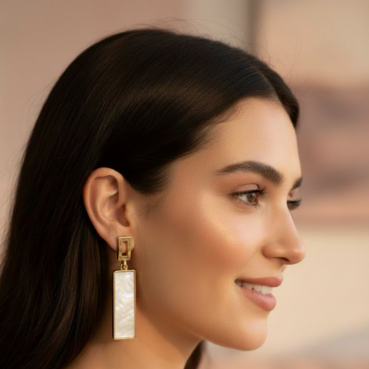 Mother of Pearl Gold Rectangle Drop Earrings – Model Shot Smaller