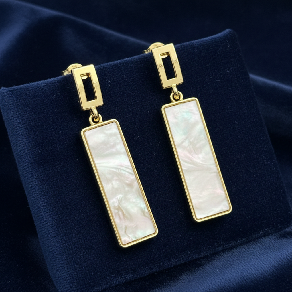 Mother of Pearl Gold Rectangle Drop Earrings – Navy Velvet