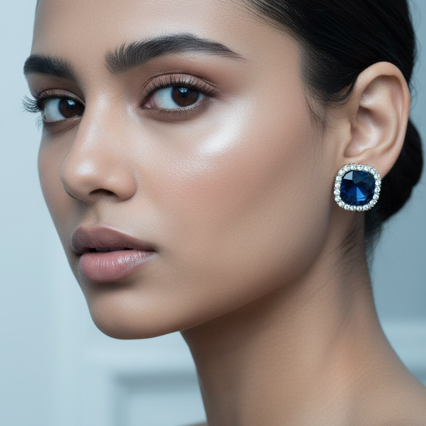 Navy Blue Crystal Studs – Model Shot