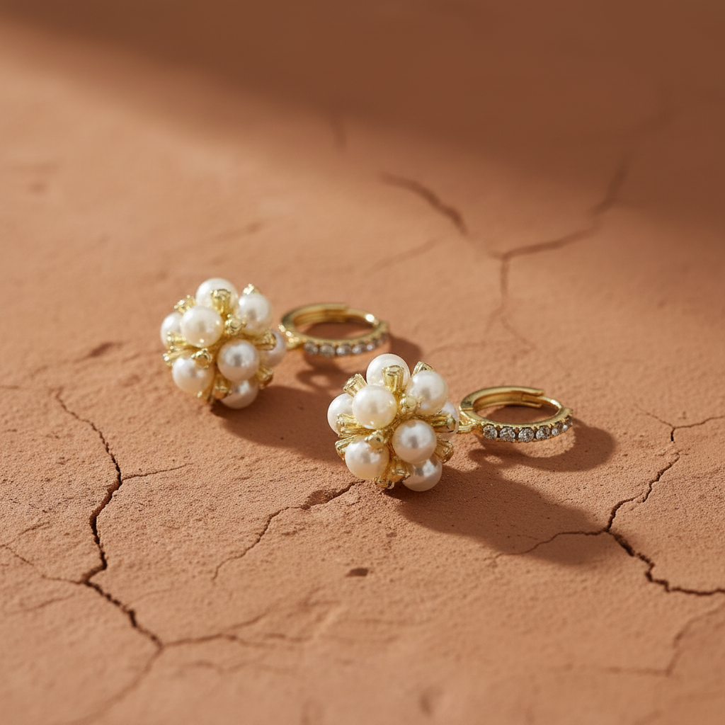 Pearl Cluster Huggie - Terracotta Side Angle
