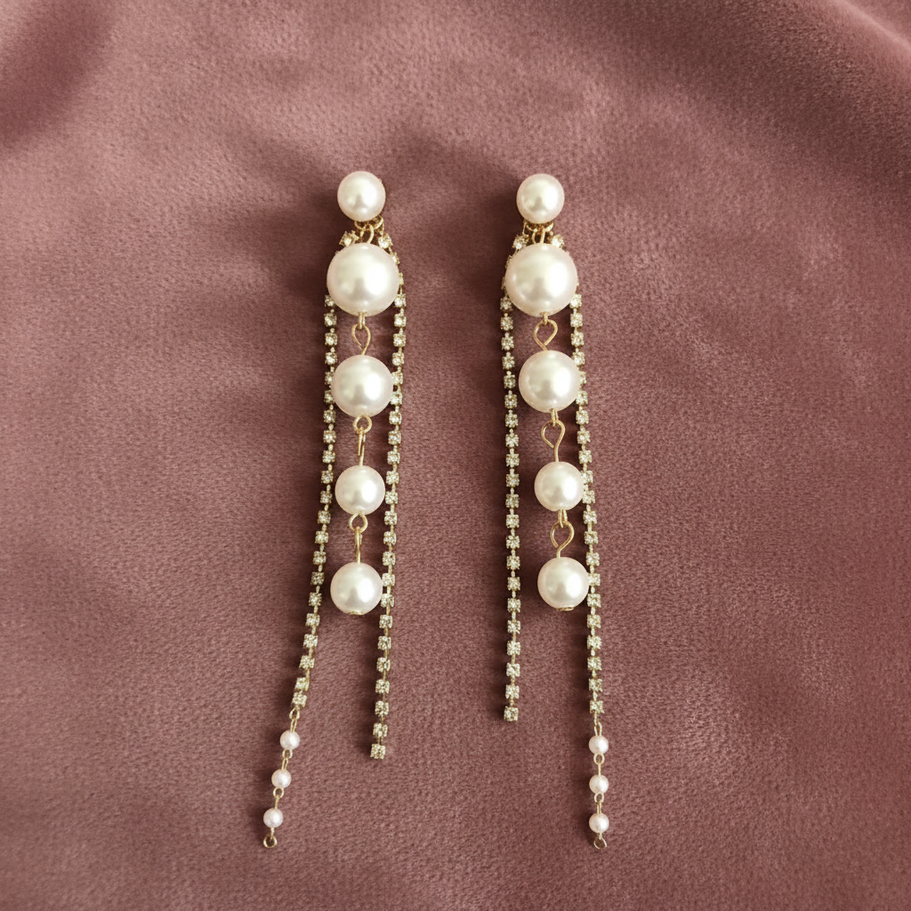 Pearl Crystal Chain Drop Earrings – Dusty Rose Velvet