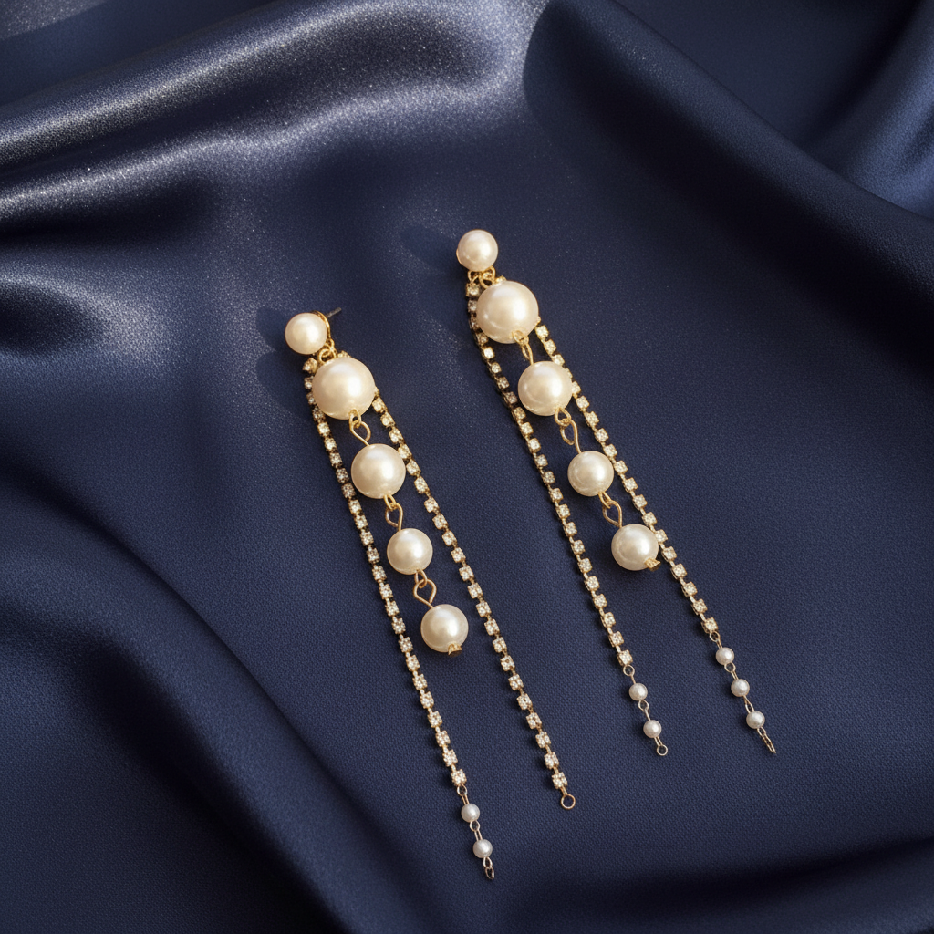 Pearl Crystal Chain Drop Earrings – Navy Blue Silk