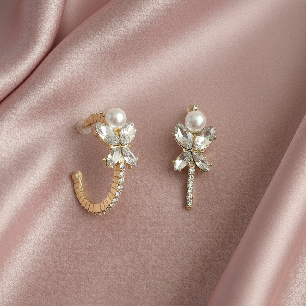 Pearl Crystal Ear Cuff Earrings – Blush Pink Silk