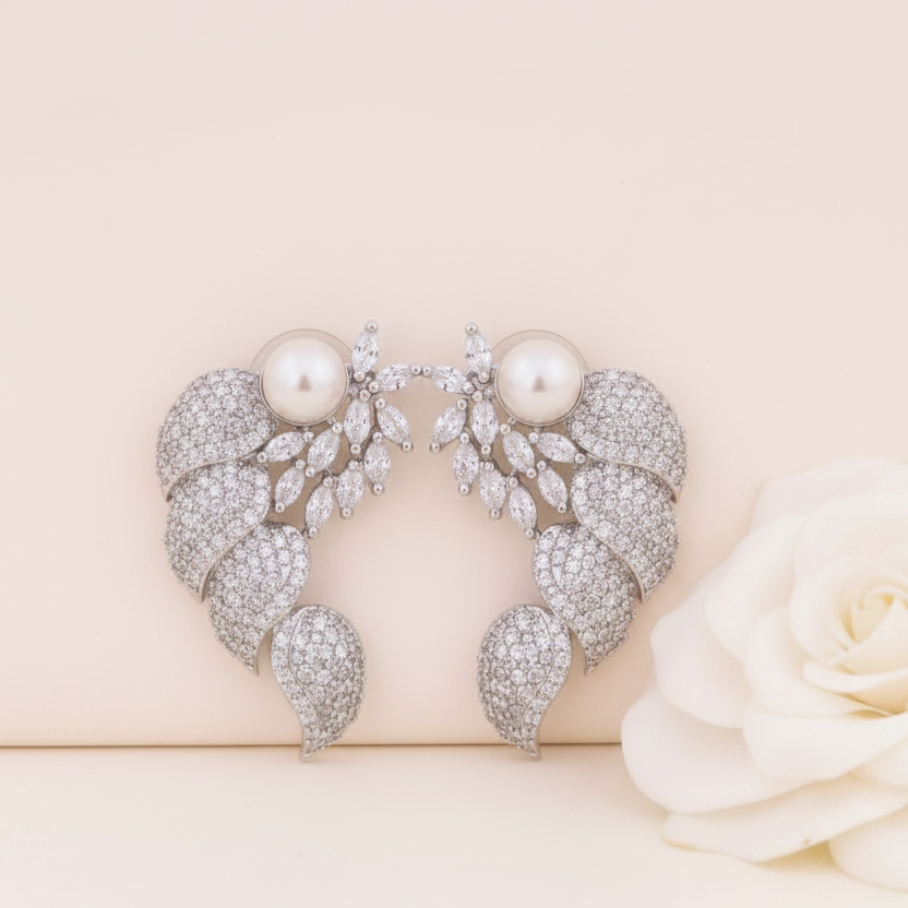 Pearl Diamond Leaf Earrings - Blush Pink
