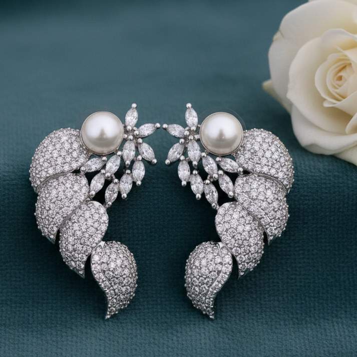 Pearl Diamond Leaf Earrings - Teal Dark