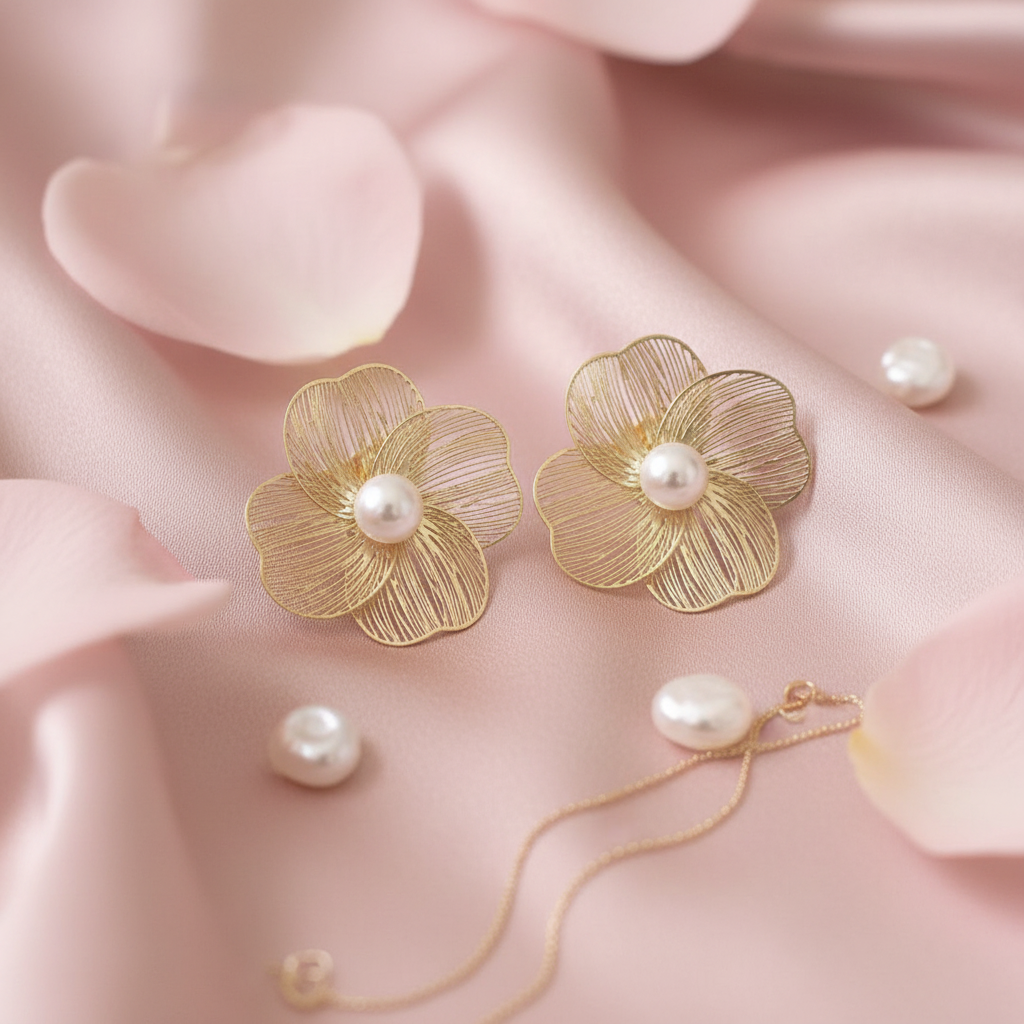 Pearl Flower Earrings - Blush Satin