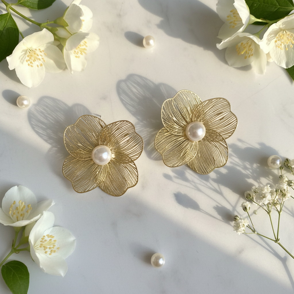 Pearl Flower Earrings - Marble Flat Lay