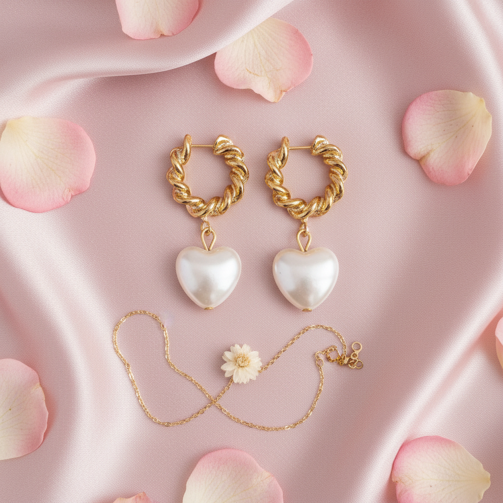 Pearl Heart Earrings - Blush Satin
