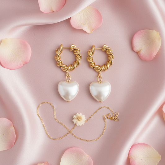 Pearl Heart Earrings - Blush Satin