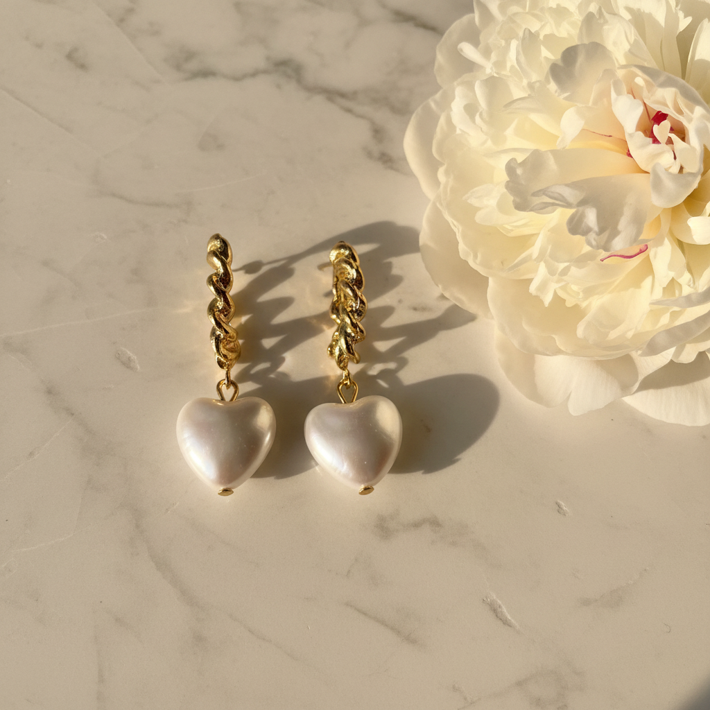 Pearl Heart Earrings - White Marble