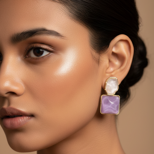 Pearl & Lavender Square – Model Shot, smaller earrings