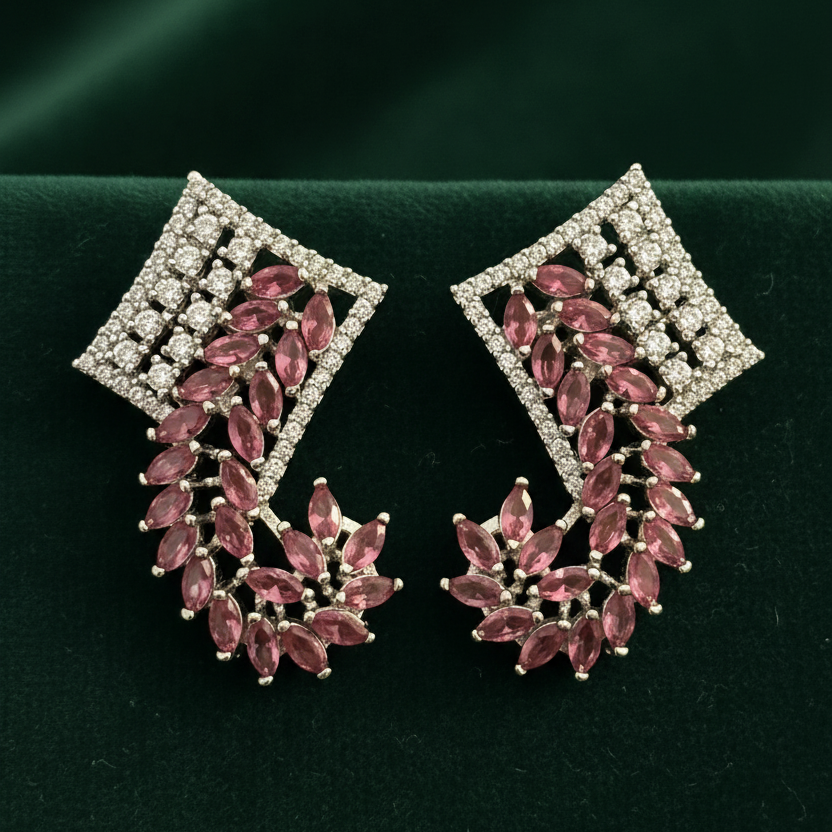 Pink Leaf Earrings - Forest Green