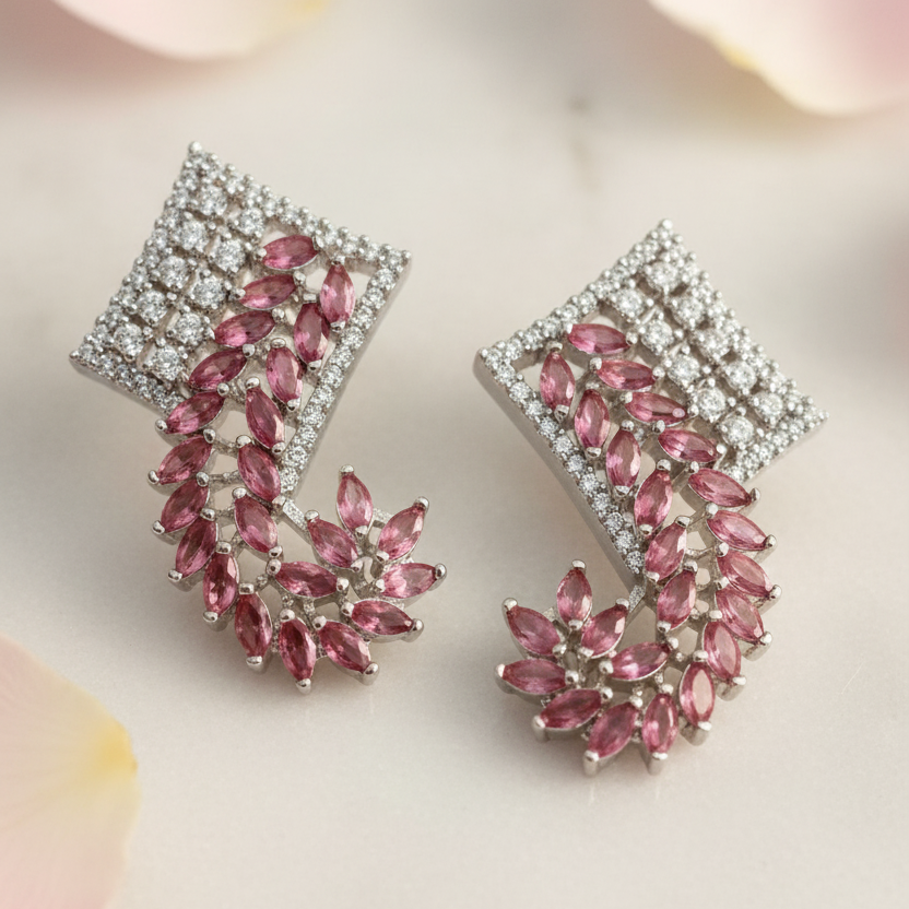 Pink Leaf Earrings - White Marble