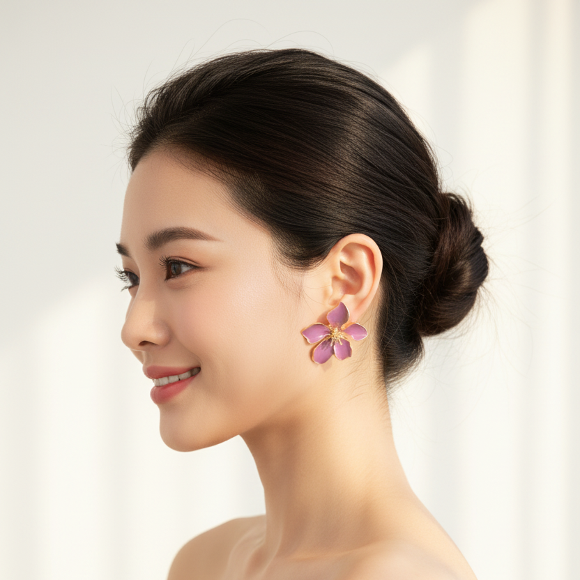 Purple Enamel Flower Studs – Daytime Model Shot