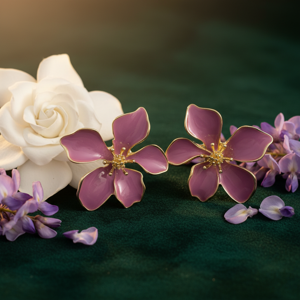 Purple Enamel Flower Studs – Forest Green Velvet