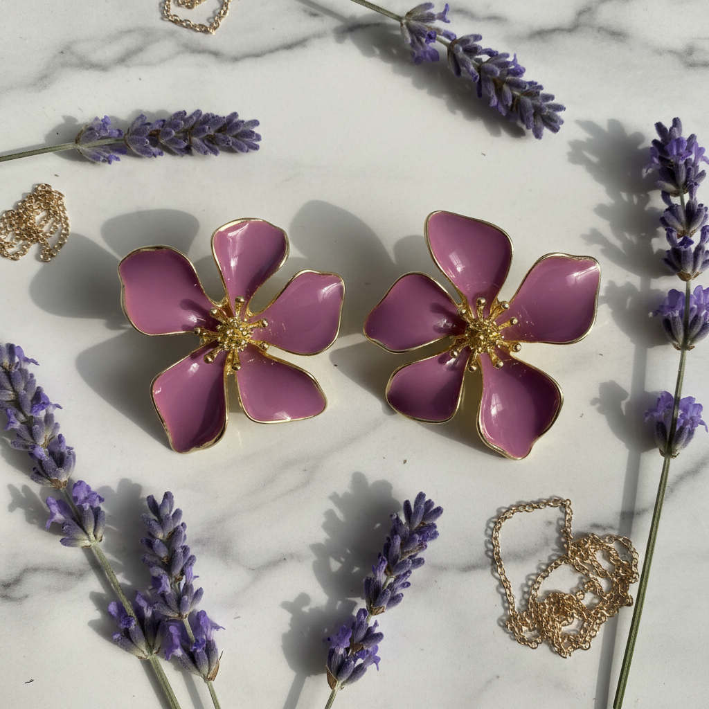 Purple Enamel Flower Studs – White Marble
