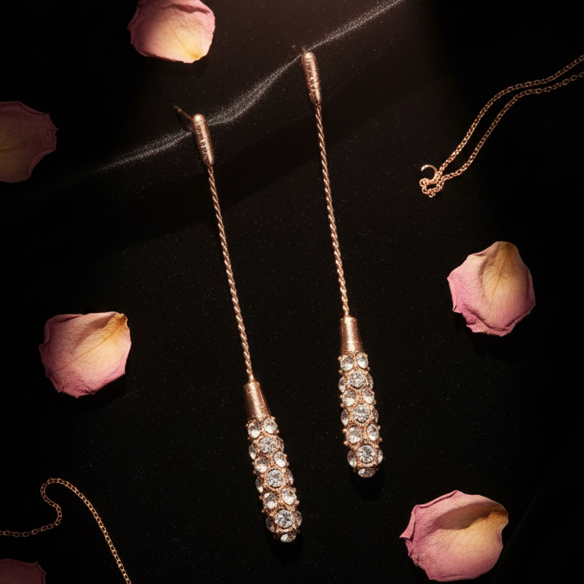 Rose Gold Crystal Drop Earrings – Black Velvet Glamour
