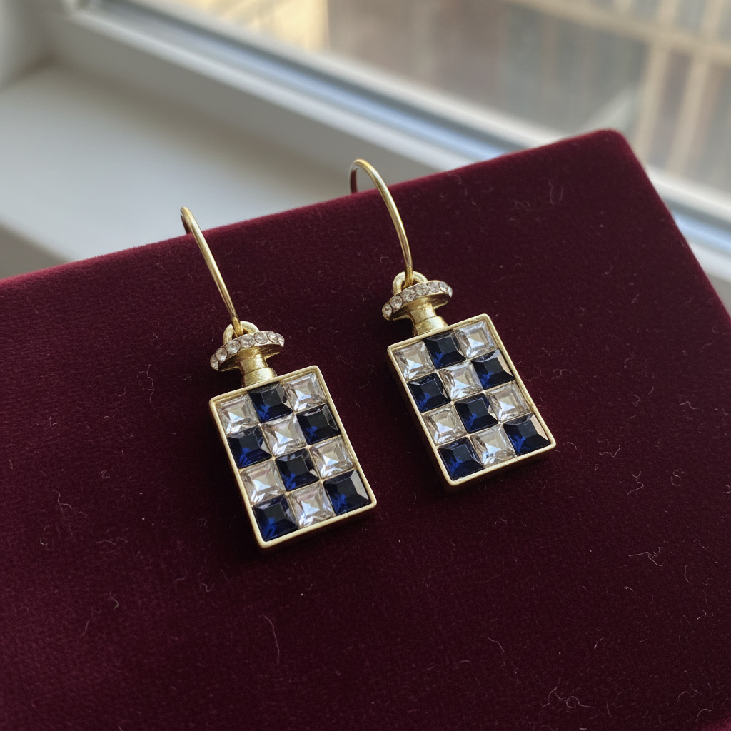 Sapphire Crystal Checkerboard Drop Earrings – Burgundy Velvet
