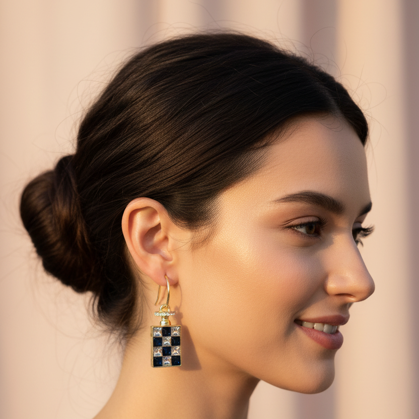 Sapphire Crystal Checkerboard Drop Earrings – Natural Model Shot