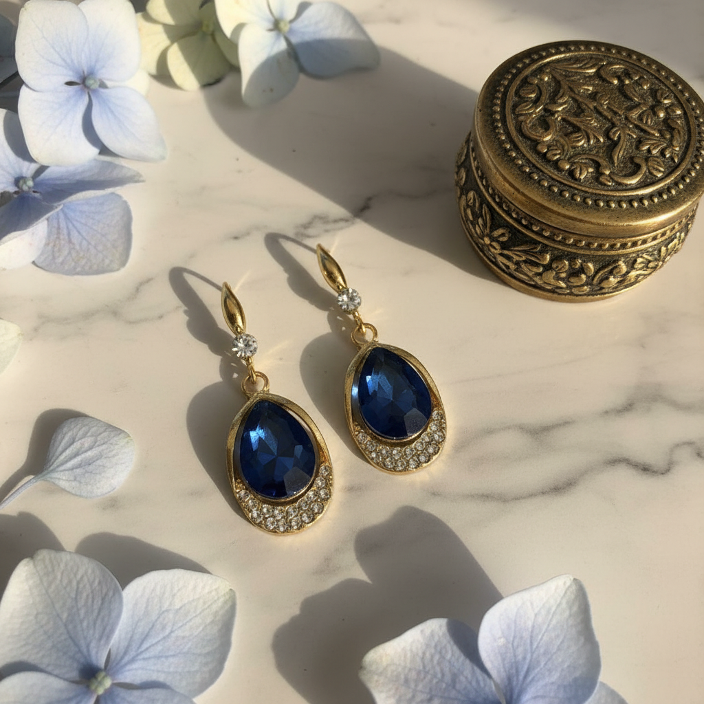 Sapphire Drop Earrings - White Marble