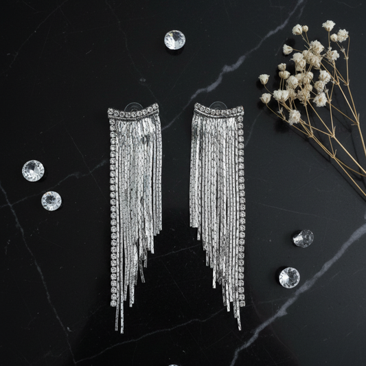 Silver Tassel Earrings – Black Marble Flatlay
