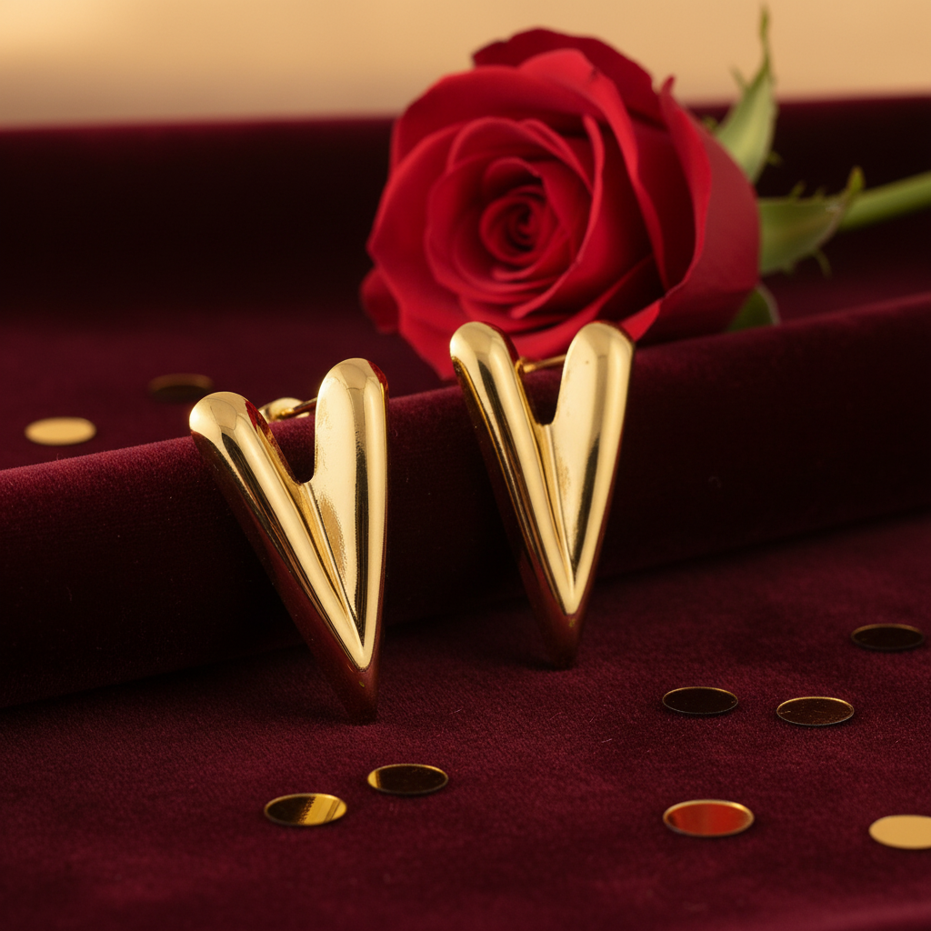 Slim Elongated Gold Heart Studs – Burgundy Velvet Romance