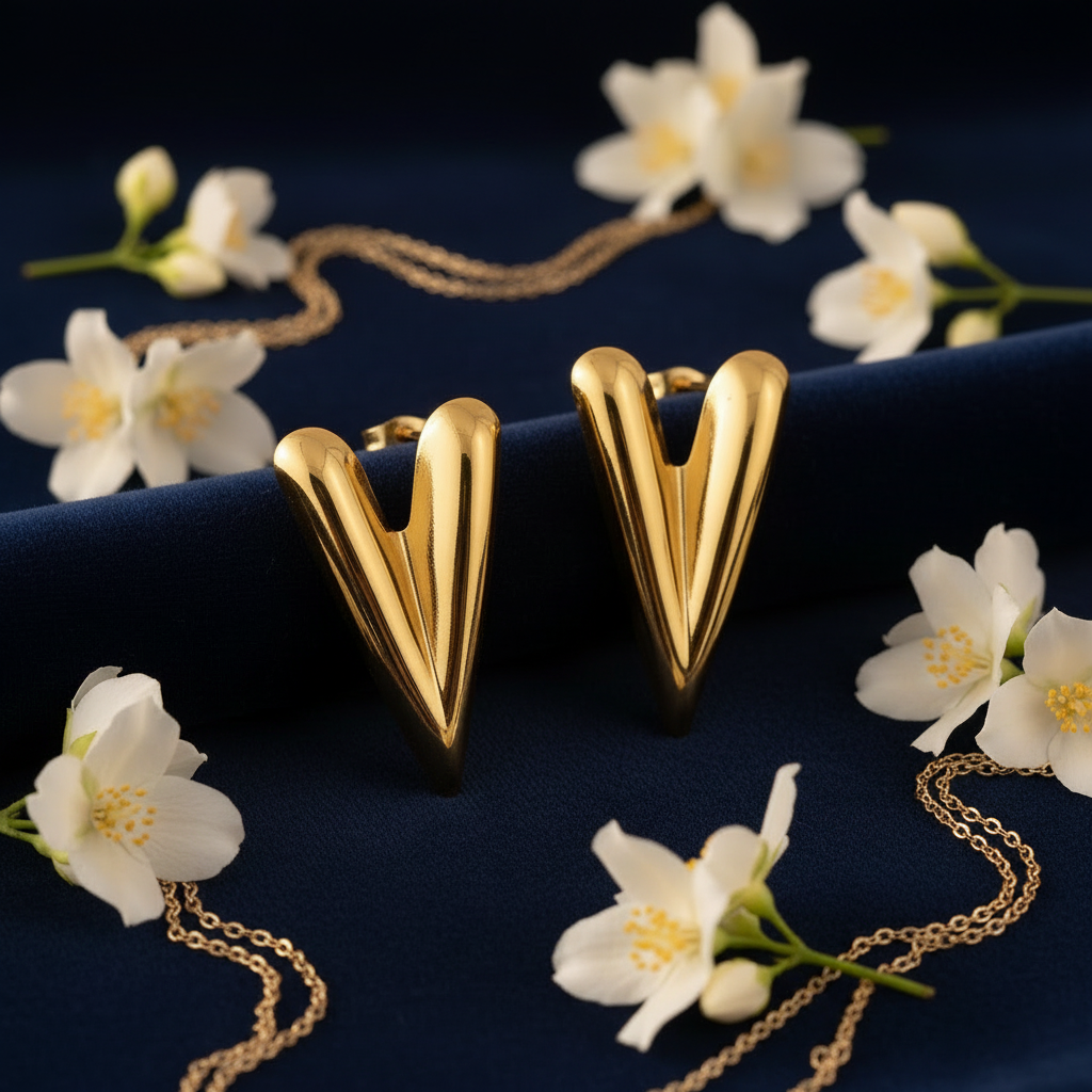 Slim Elongated Gold Heart Studs – Navy Velvet Glamour